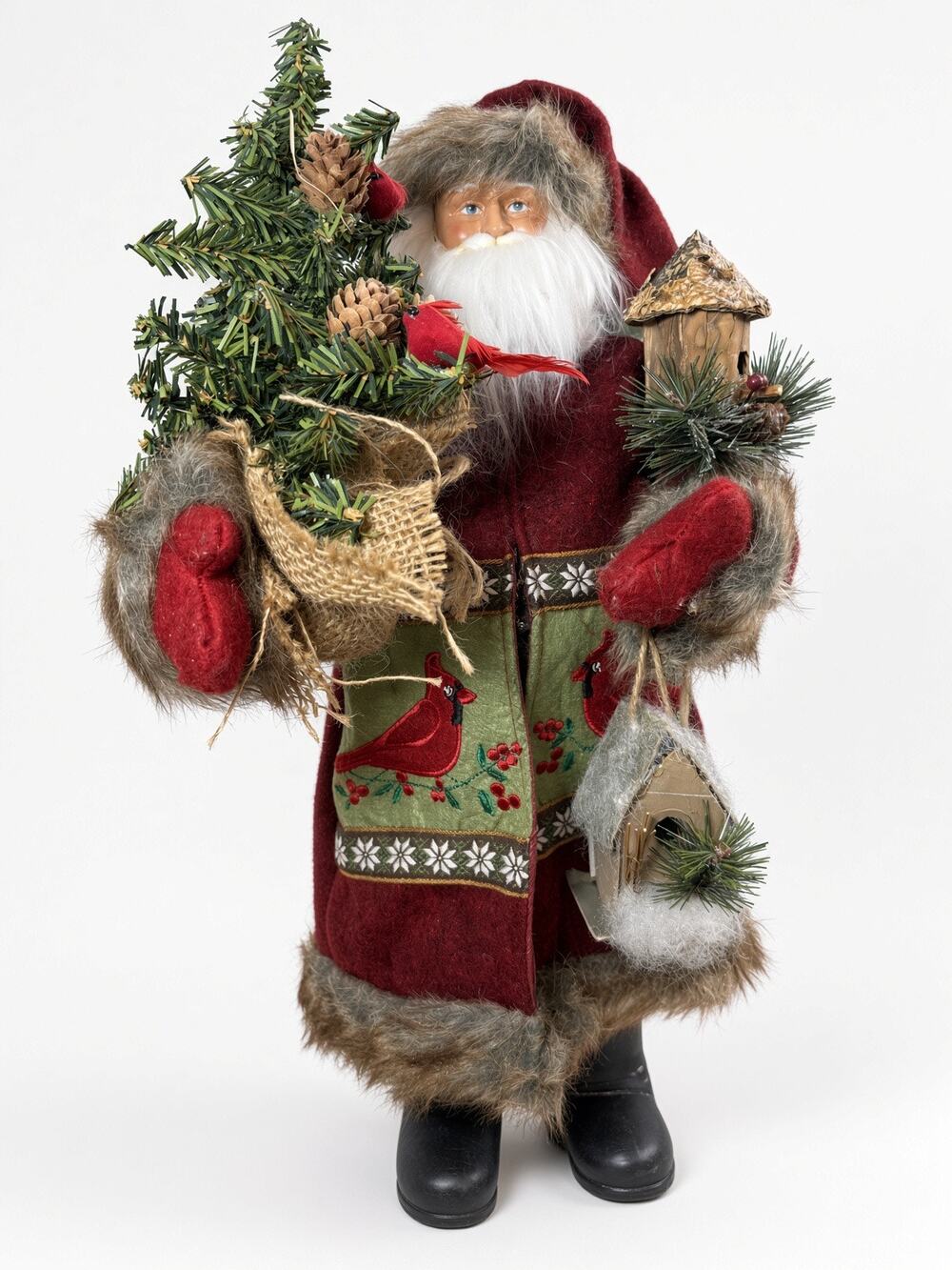 Vintage Standing Santa Claus Figure with Cardinal Birdhouse Pine Tree 17 Inch